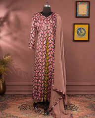 Elegant Mauve Floral Printed Anarkali Kurta Set with Contrast Inner Layer & Matching Dupatta