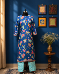 Royal Blue Floral Printed Kurta Pant Set