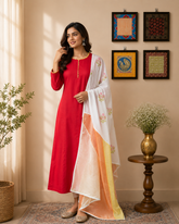 Crimson Red A-Line Kurta Set with Floral Organza Dupatta