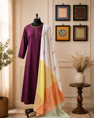 Wine Purple Kurta Pant Set with Multicolor Dupatta