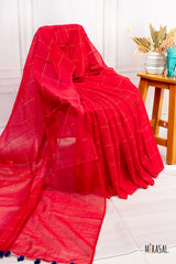 Crimson Red Checked Linen Cotton Saree with Tassel Pallu