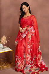 Red Floral Linen Saree