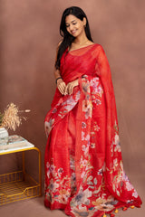 Red Floral Linen Saree
