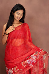 Red Floral Linen Saree