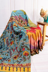 Sky Blue Kalamkari Printed Cotton Saree with Multicolour Geometric Pallu