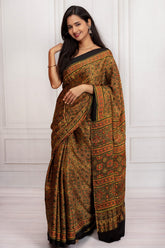 Elegant Black Ajrakh Inspired Printed Soft Cotton Saree with Traditional Heritage Motifs