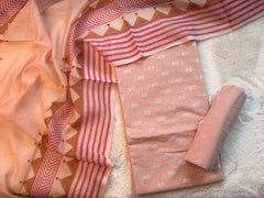 Pastel Panache: Peach-Pink Unstitched Suit Set with Geometric Dupatta