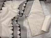 Ivory Minimalist: Cream Unstitched Suit Set with Monochrome Geometric Dupatta