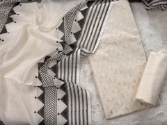 Ivory Minimalist: Cream Unstitched Suit Set with Monochrome Geometric Dupatta