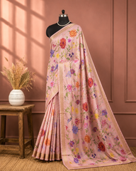 Blush Pink Floral Printed Saree with Gold Border
