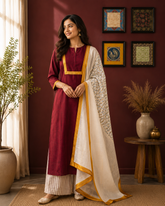 Maroon Cotton Kurta Set with Striped Palazzo & Printed Dupatta
