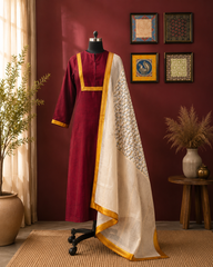 Maroon Cotton Kurta Set with Striped Palazzo & Printed Dupatta