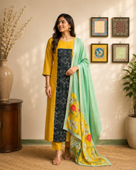 Mustard Yellow Cotton Kurta Set with Geometric Panel & Floral Dupatta