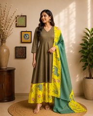 Olive Green A-Line Cotton Dress with Printed Dupatta