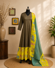 Olive Green A-Line Cotton Dress with Printed Dupatta