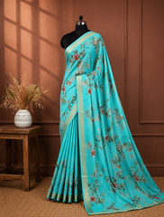 Aqua Blue Floral Printed Saree with Gold Border