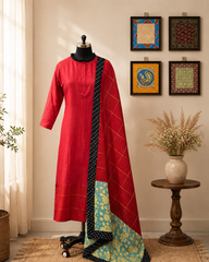 Ruby Red Straight Kurta Pant Set with Designer Contrast Dupatta