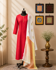 Crimson Red A-Line Kurta Set with Floral Organza Dupatta
