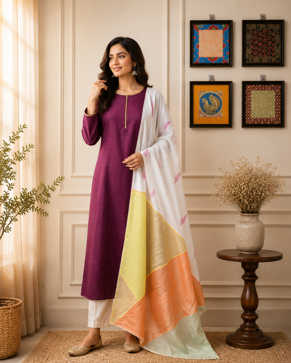 Wine Purple Kurta Pant Set with Multicolor Dupatta