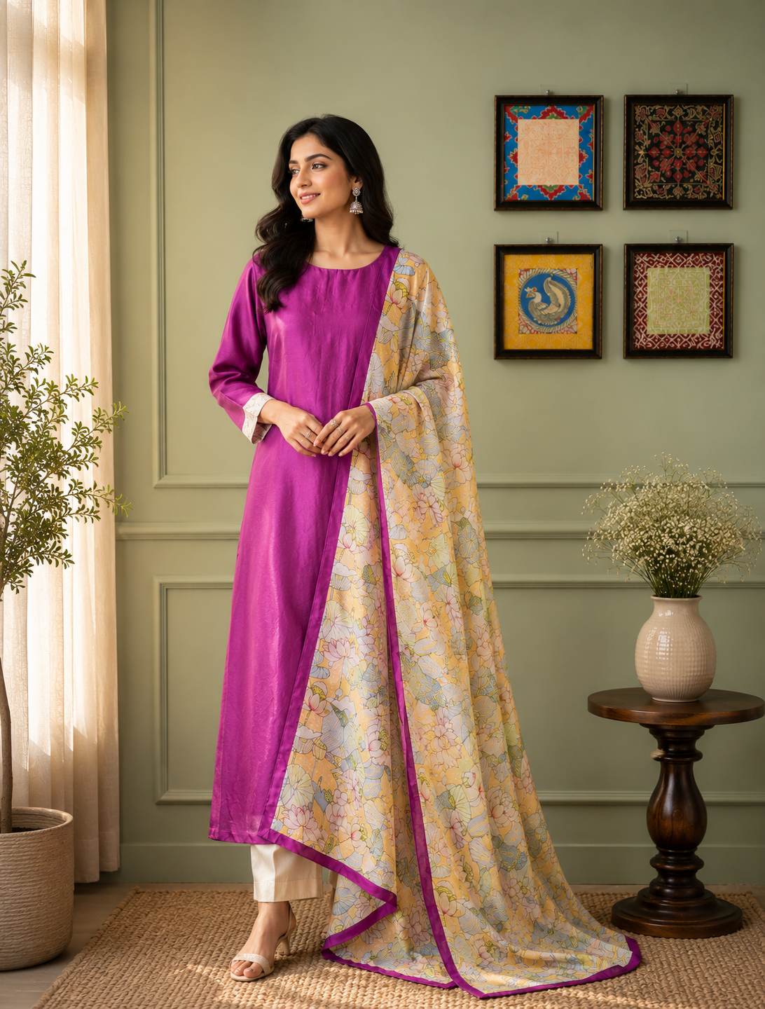 Magenta Floral Dupatta Kurta Pant Set