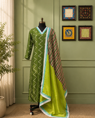 Olive Green Zigzag Kurta Set with Dual-Tone Designer Dupatta