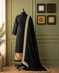 Classic Black Kurta Pant Set with Embroidered Dupatta