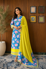 Blue Floral Printed Kurta Set with Yellow Dupatta & Lace Detailing