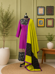 Magenta Designer Kurta Set with Lime Yellow Dupatta & Printed Detailing
