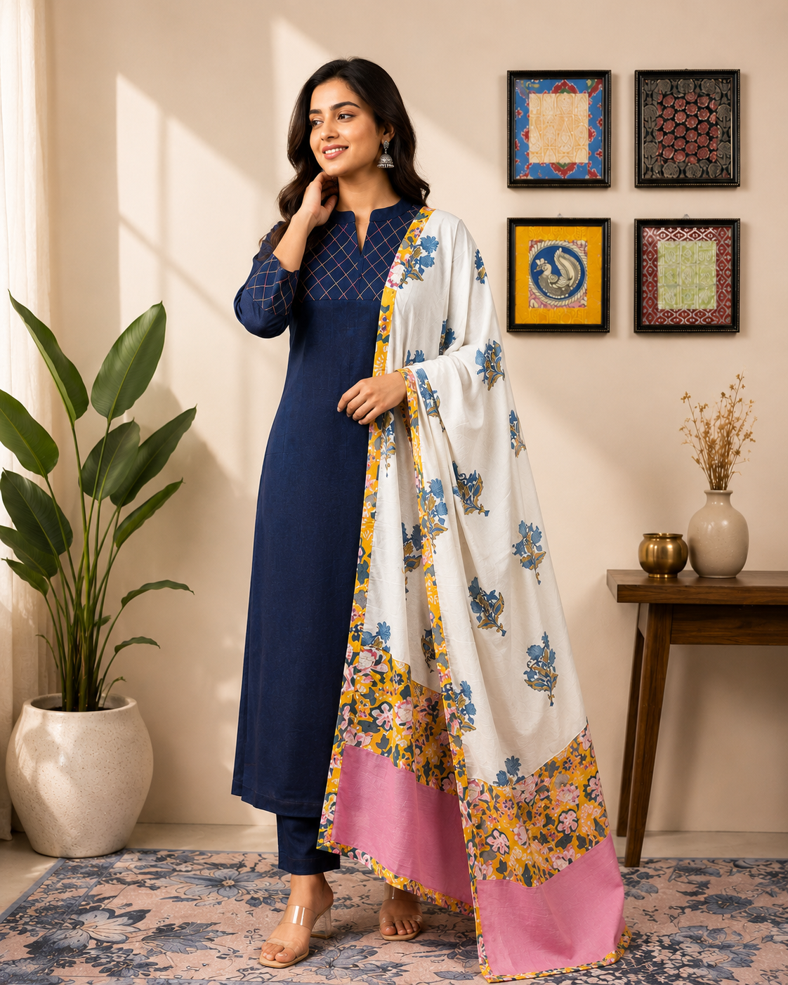 Navy Blue Embroidered Kurta Set with White Floral Printed Dupatta