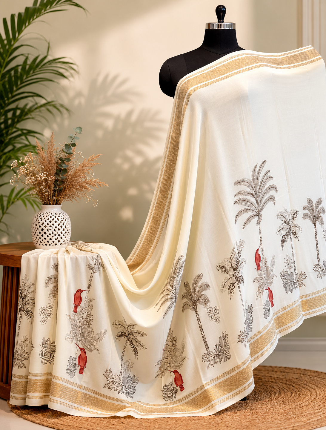 Ivory Blossom Printed Saree with Golden Border
