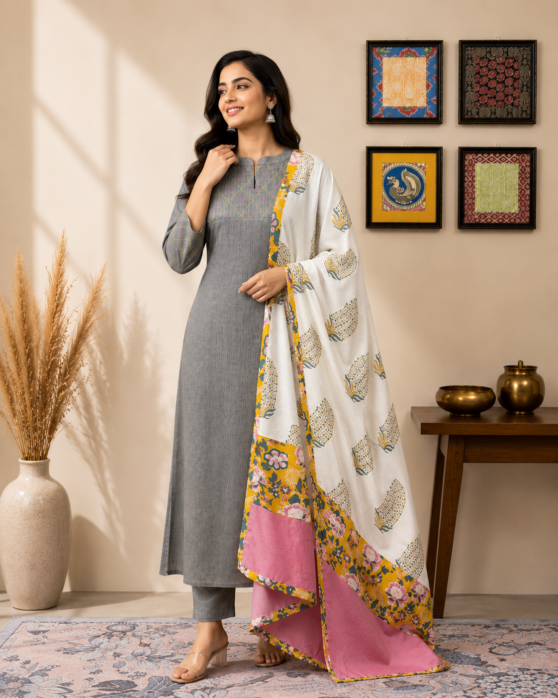 Grey Embroidered Kurta Set with White Printed Dupatta & Pink Border Detailing