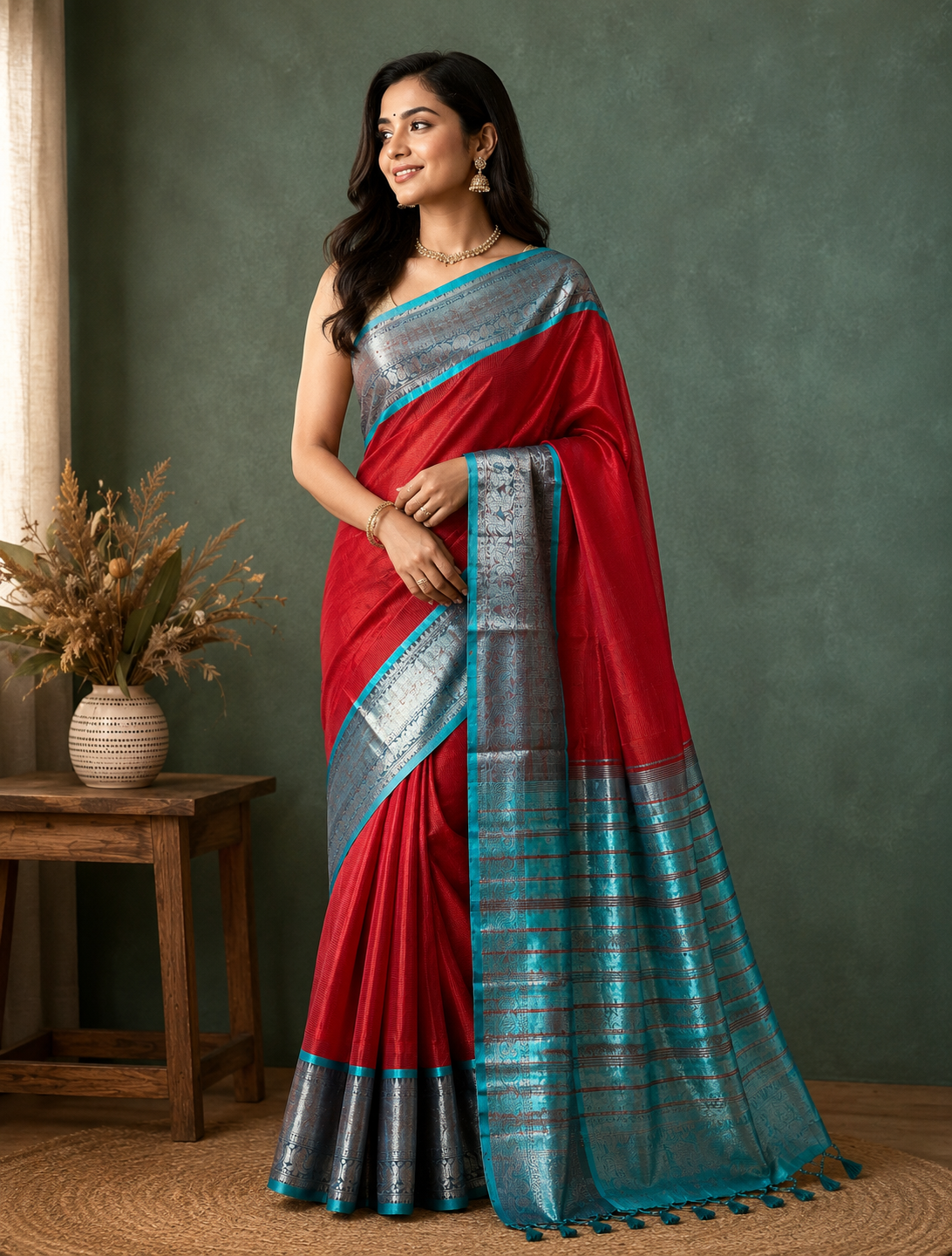 Ruby Teal Traditional Silk Saree with Zari Border
