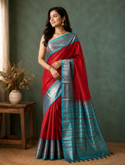 Ruby Teal Traditional Silk Saree with Zari Border