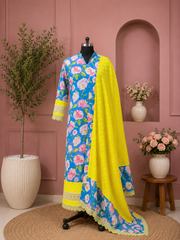 Blue Floral Printed Kurta Set with Yellow Dupatta & Lace Detailing