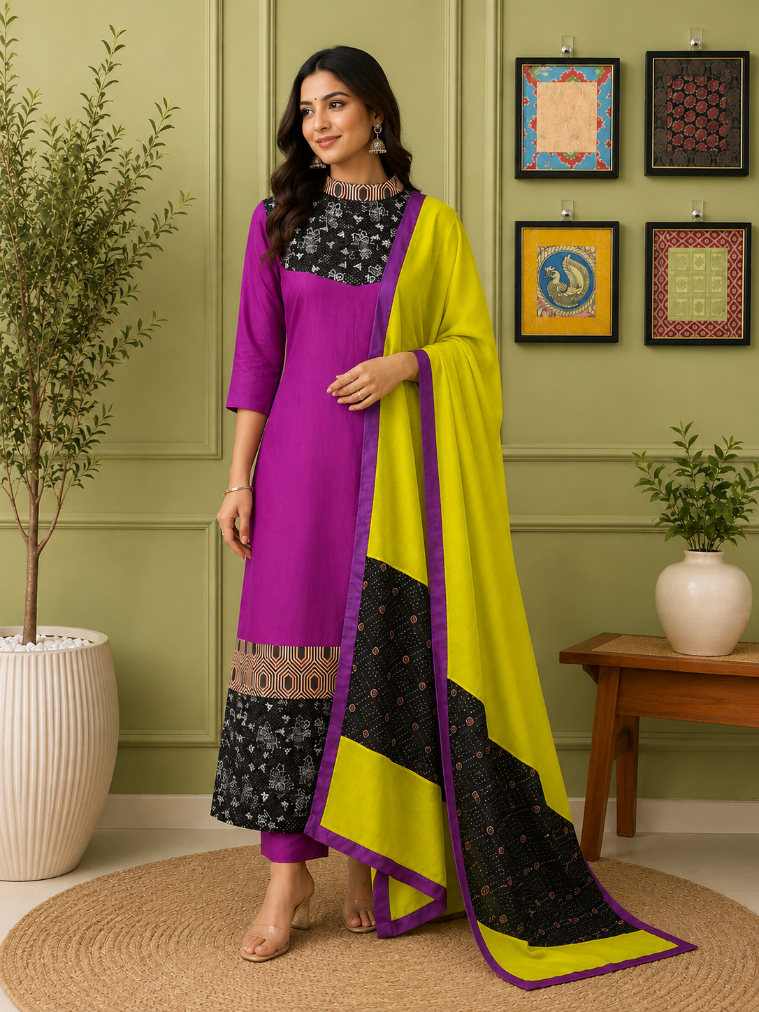 Magenta Designer Kurta Set with Lime Yellow Dupatta & Printed Detailing