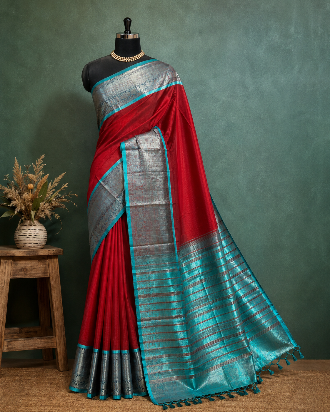 Ruby Teal Traditional Silk Saree with Zari Border