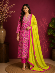 Fuchsia Floral Cotton Kurta Set with Contrast Dupatta