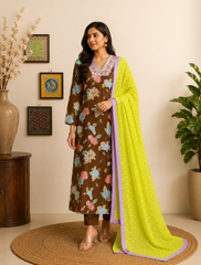 Chocolate Brown Floral Cotton Kurta Set with Contrast Dupatta