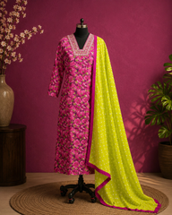 Fuchsia Floral Cotton Kurta Set with Contrast Dupatta