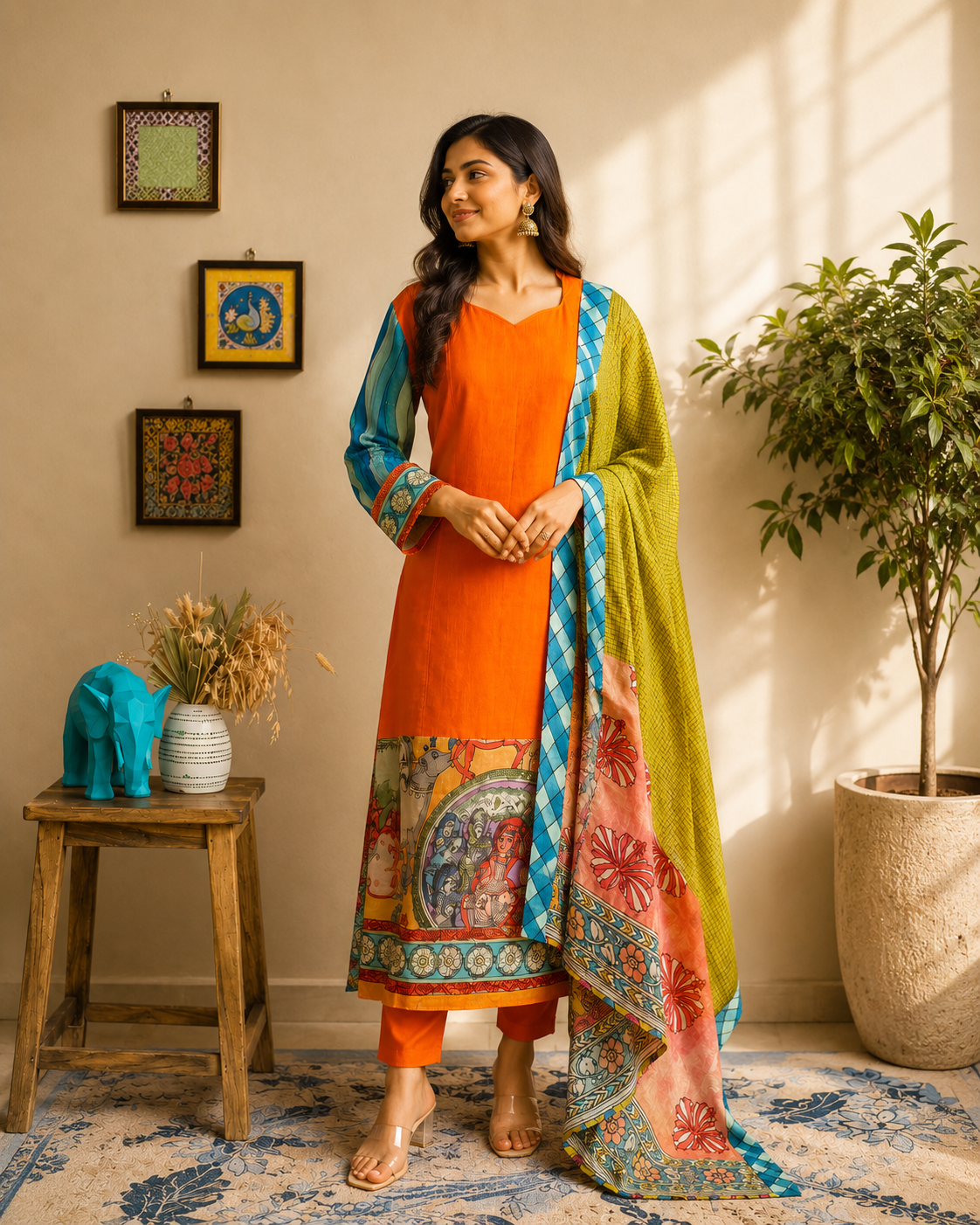 Vibrant Orange Cotton Kurta Set with Artistic Printed Dupatta