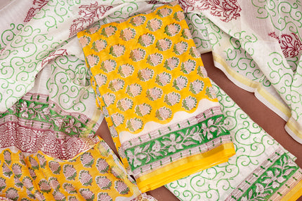 Elegant Chanderi Salwar Suit Yellow Set – Top, Bottom & Dupatta