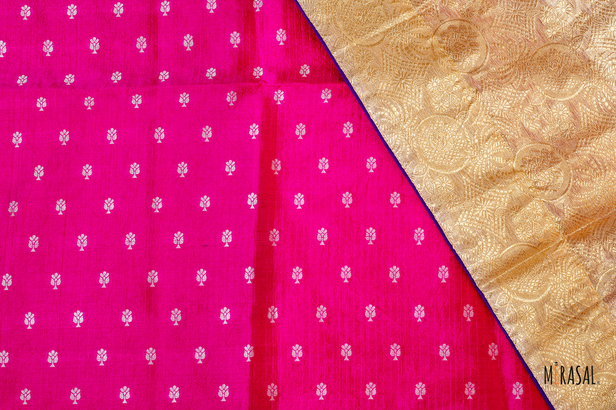 Customised Bandhani & Brocade Half-and-Half Saree in Fuchsia Pink and Antique Gold