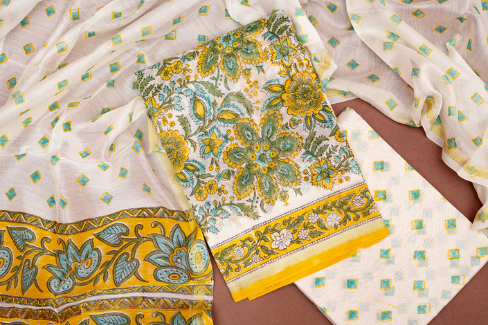 Elegant Chanderi Salwar Suit Yellow Set – Top, Bottom &  Dupatta