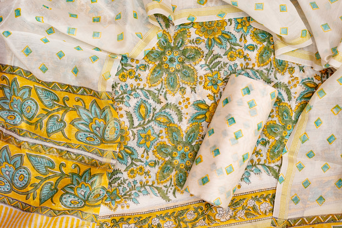Elegant Chanderi Salwar Suit Yellow Set – Top, Bottom &  Dupatta