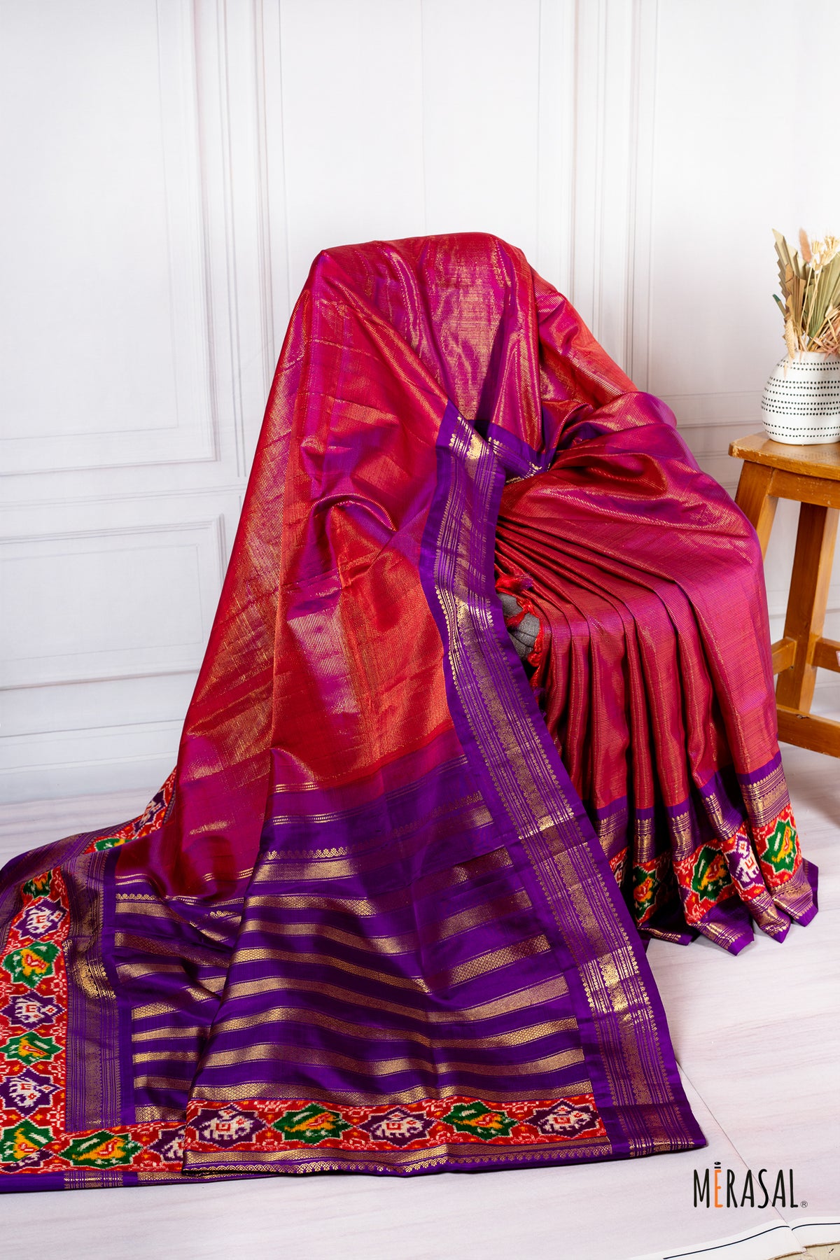 Customised Pure Silk Saree with Handcrafted Pure Ikat Border in Ruby Red & Royal Purple