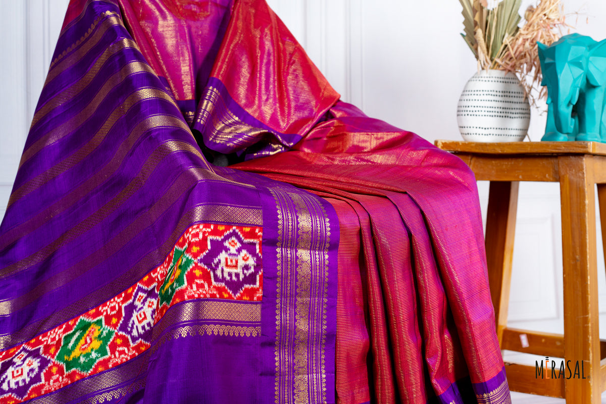 Customised Pure Silk Saree with Handcrafted Pure Ikat Border in Ruby Red & Royal Purple