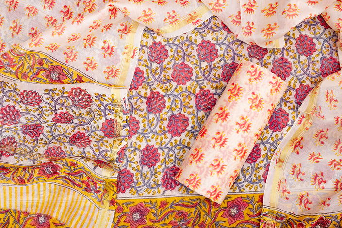 Elegant Chanderi Salwar Suit Off White And Pink Set – Top, Bottom &  Dupatta