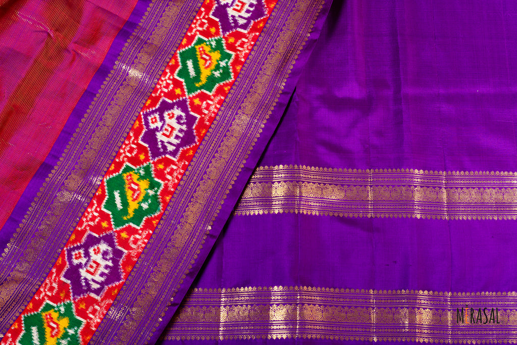 Customised Pure Silk Saree with Handcrafted Pure Ikat Border in Ruby Red & Royal Purple