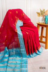 Crimson Red Silk Cotton Saree with Sky Blue Zari Border