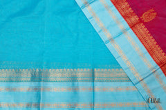 Crimson Red Silk Cotton Saree with Sky Blue Zari Border